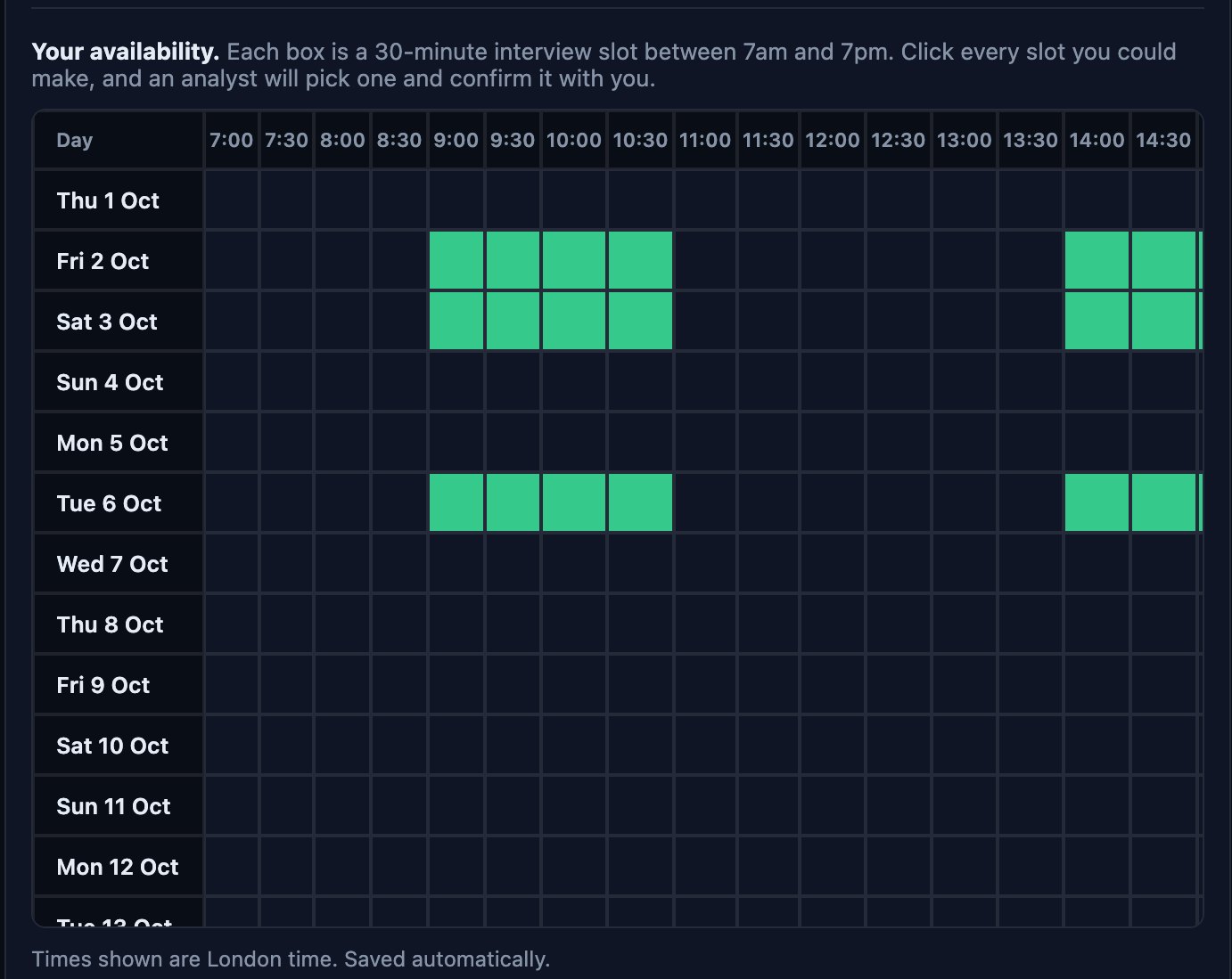 The availability grid with free slots selected