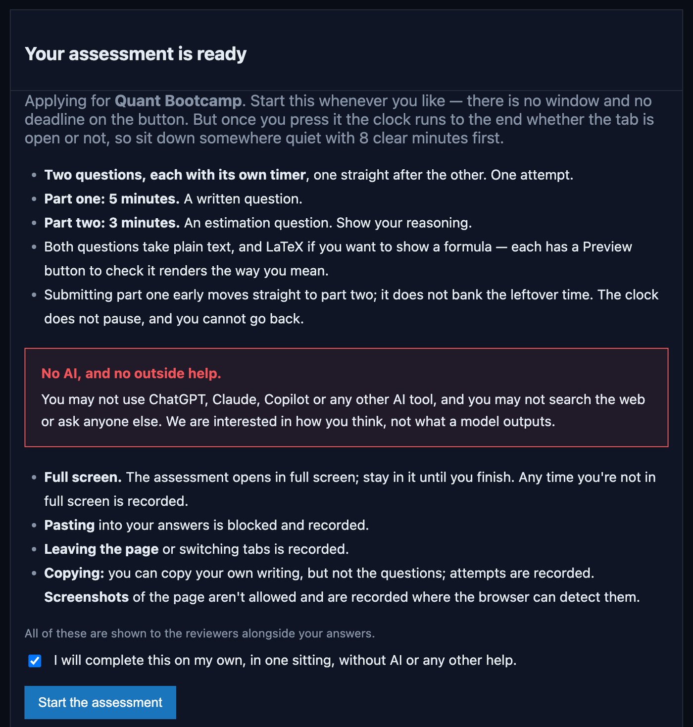 The assessment start screen with its rules